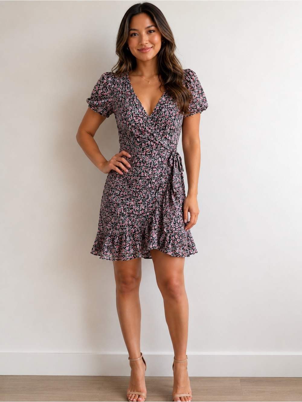 INTERMIX Silk Pink Black Floral Wrap Mini Dress Size 10